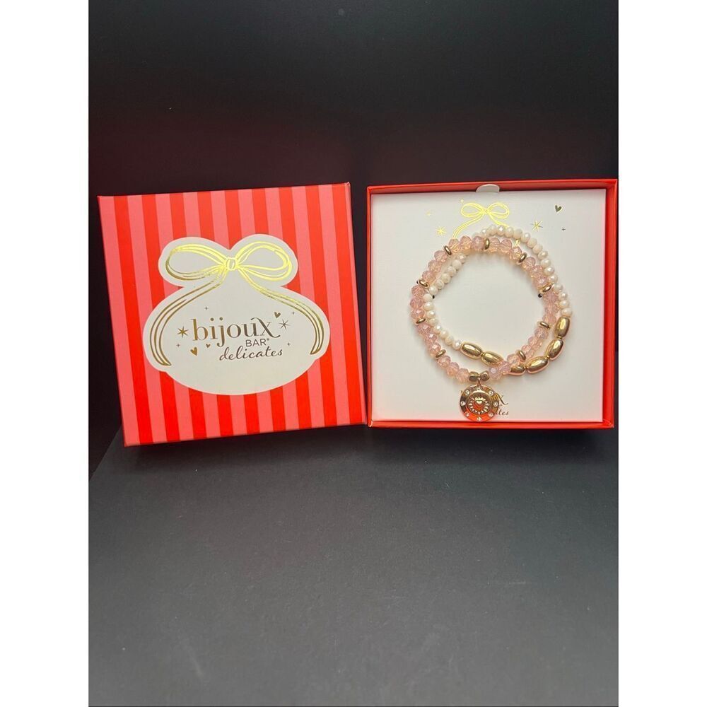New in Box! Bijoux Bar Gold Tone Glass Stretch Set of 2 Stackable Bracelets